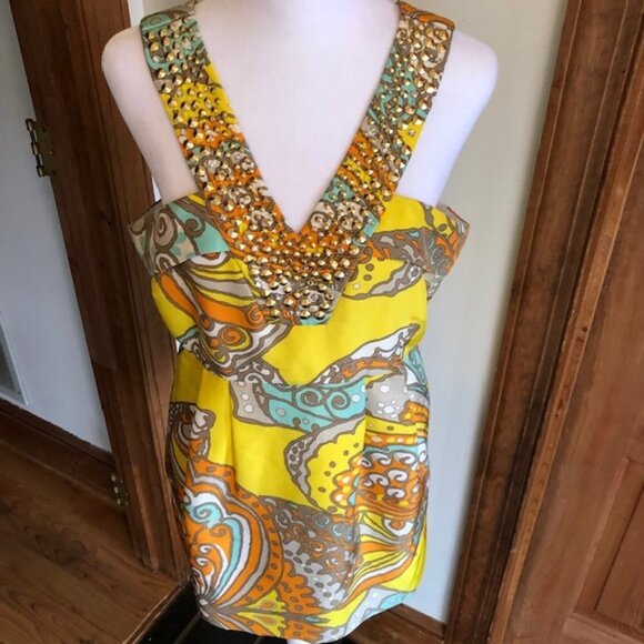 KATE SPADE Jana Silk Yellow Halter Rhinestone Metal Accent Top 8 - Picture 3 of 17